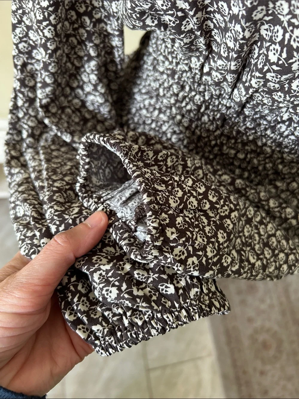 Gap V neck smocked waist brown floral cottage long balloon sleeve maxi dress L - Picture 10 of 13